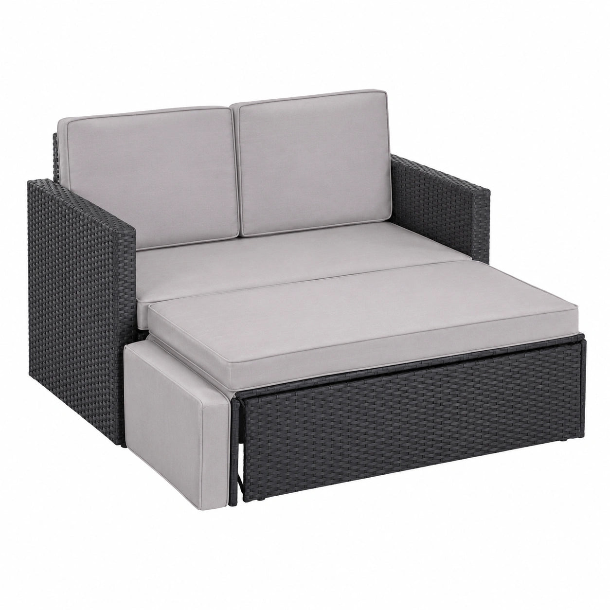 Sofa – 2-Sitzer, klappbar, gepolstert, mit Schlaffunktion, aus Rattan, Schwarz, für Garten und Balkon