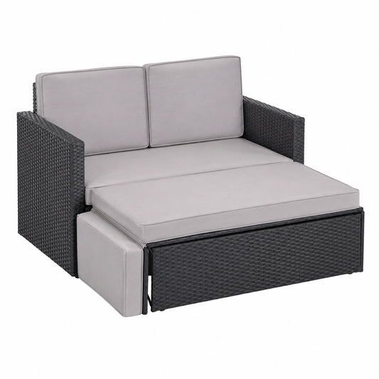 Sofa – 2-Sitzer, klappbar, gepolstert, mit Schlaffunktion, aus Rattan, Schwarz, für Garten und Balkon